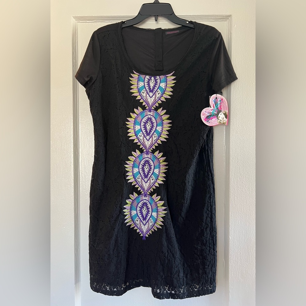 Custo Barcelona Black Dress with Purple and Blue Embroidery